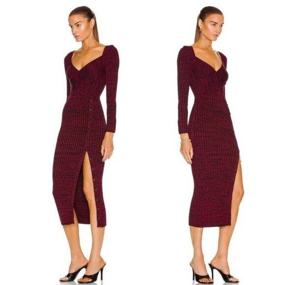 NWT SELF-PORTRAIT Sweetheart-Neck Ribbed-Jersey Midi Dress Red & Black Small - Picture 3 of 12